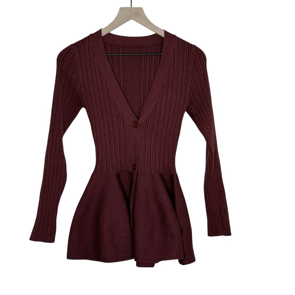 MICAS Maroon Ribbed Long Sleeve Peplum Hem Button Front Sweater Top Size Small
